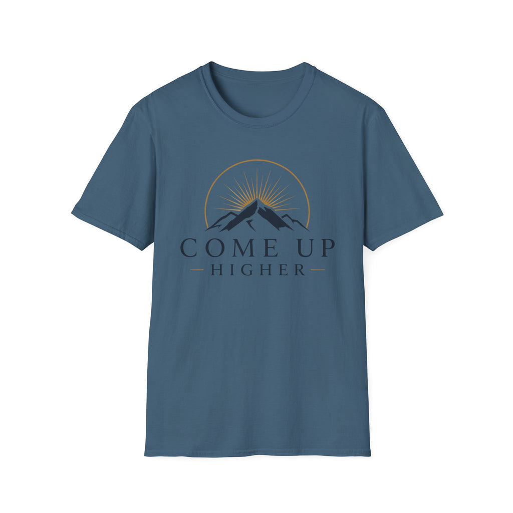 Come Up Higher T-shirt - blue n gold logo