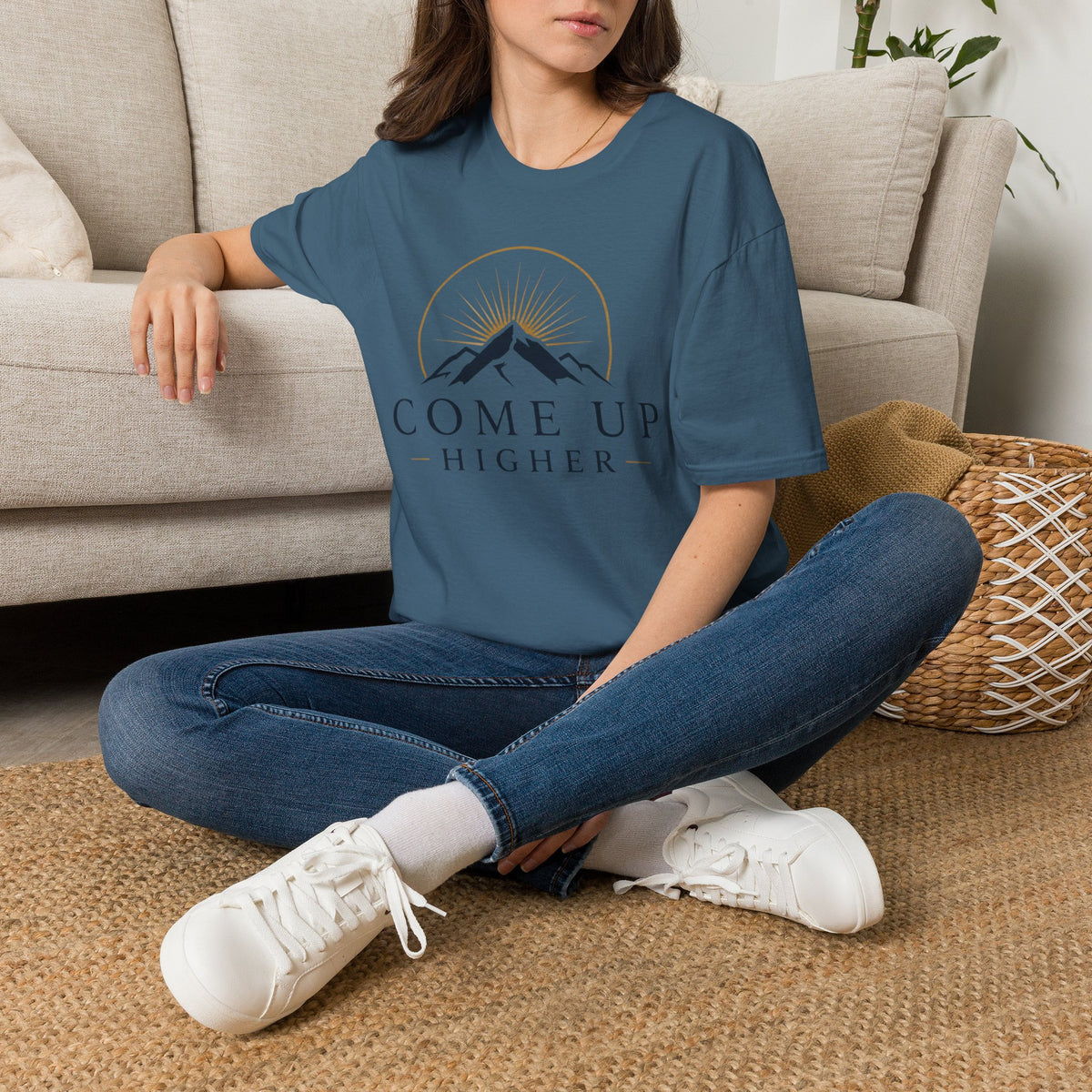 Come Up Higher T-shirt - blue n gold logo